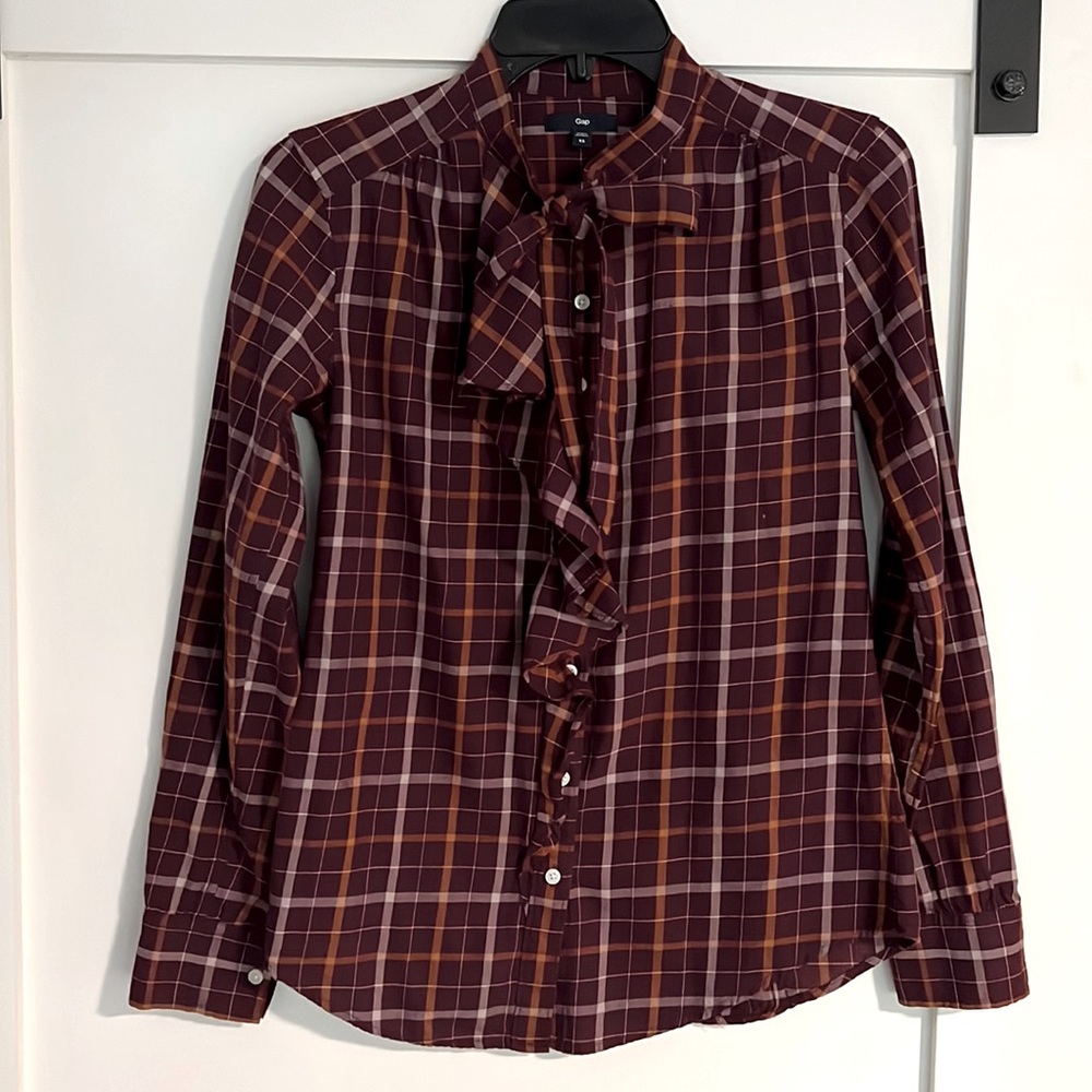 GAP Burgundy Plaid Button-Down Bow Neck Ruffle Shirt